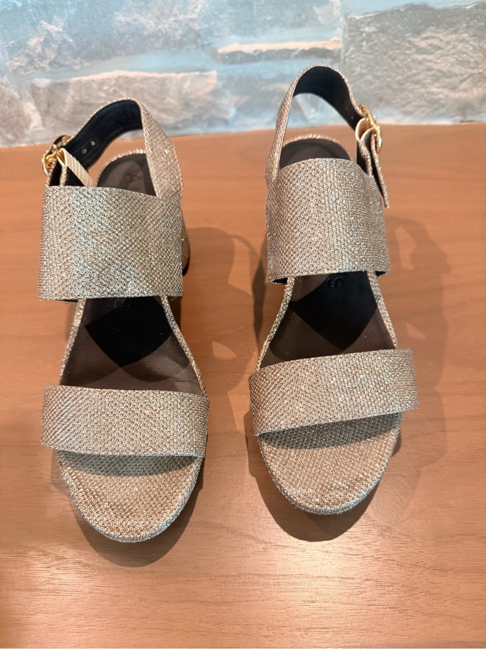 AEROSOLES Metallic Champagne Block Heel Sandals - Picture 2 of 8